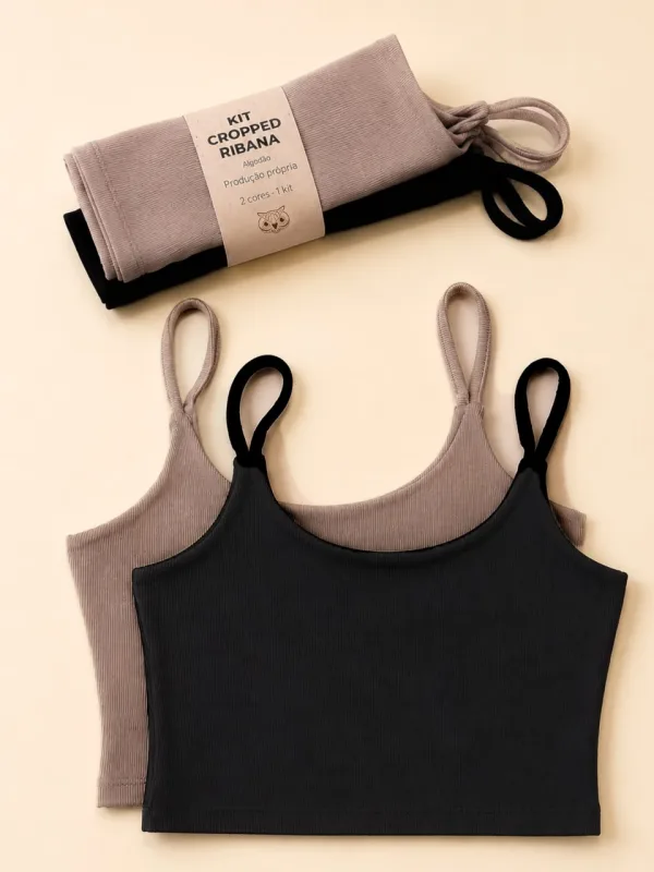 KIT CROPPED RIBANA PRETO E CAPUCCINO
