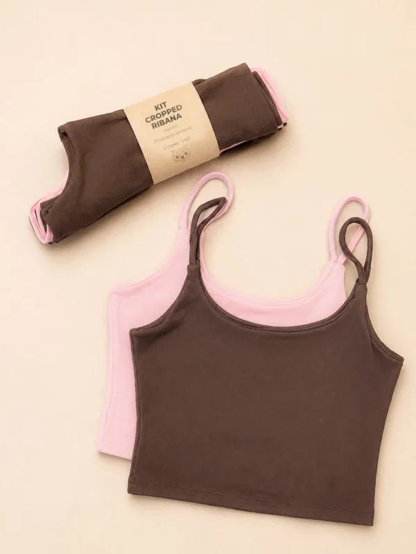 KIT CROPPED RIBANA CACAU E ROSA